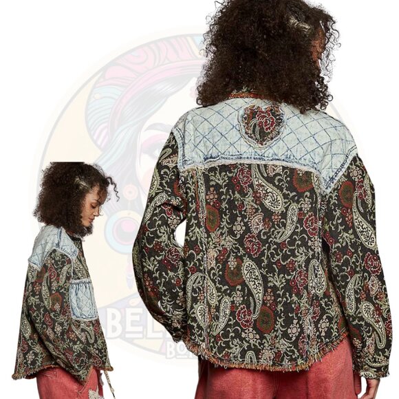 T574 POL Chocolate Brown Jacquard Denim Quilted Patch Jacket - Picture 2 of 3